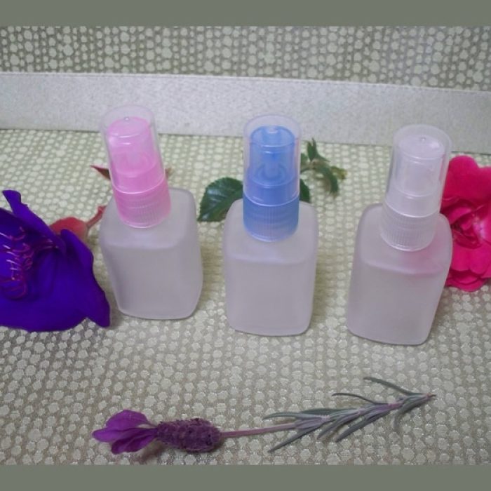 Perfume Screw On Fine Mist Natural, Blue, Pink Colors with 1 oz. Square Frosted Glass Bottles EMPTY