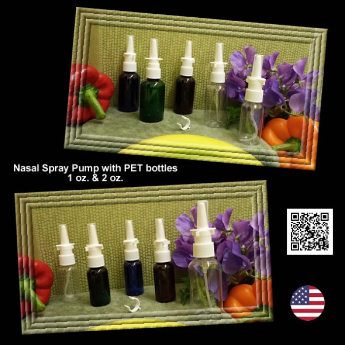 Nasal Spray Pump Fine Mist with 1 oz. or 2 oz. Amber, Blue, Clear PET Plastic Bottles