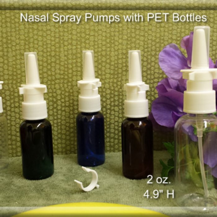 White Nasal Spray Pump with EMPTY PET 1 oz. or 2 oz. Amber, Blue, Clear, Plasic Bottle